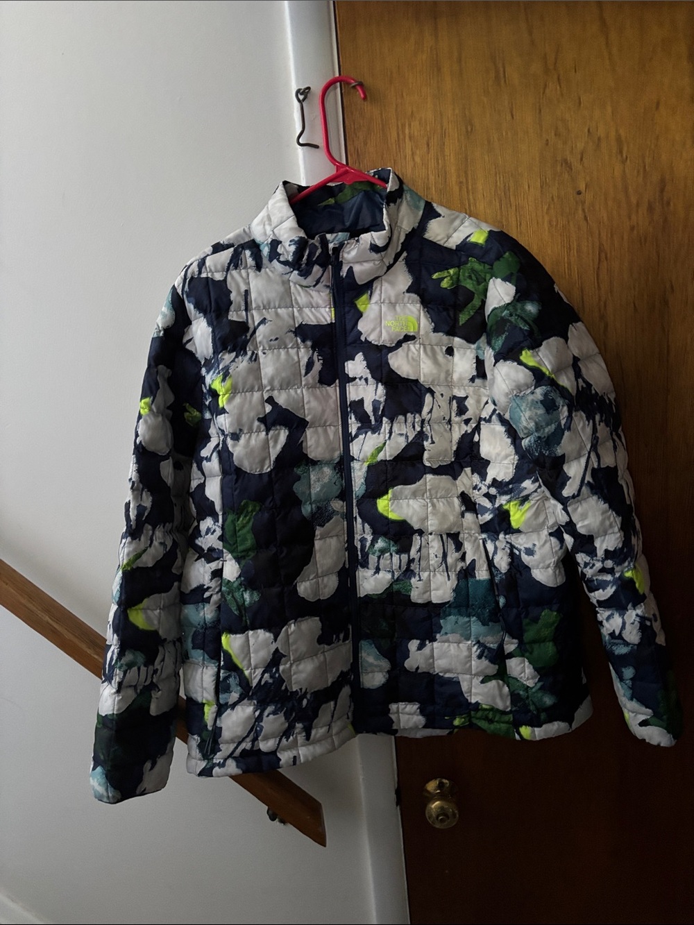 The North Face Quilted Jacket in White, Navy & Green with Neon Accents